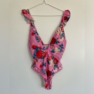 Shein Pink Floral Ruffle Strap One Piece Bathing Suit - Size Medium